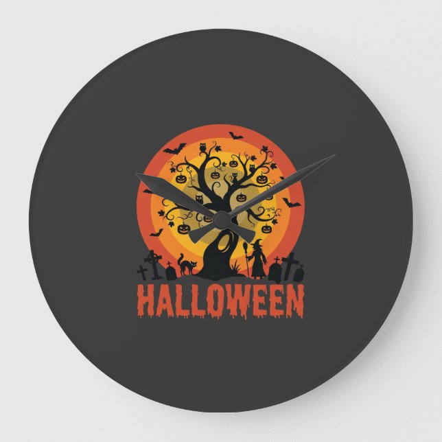 Reloj Redondo Grande Árbol Embrujado de Halloween Bruja y Gatos Negros (Anverso)