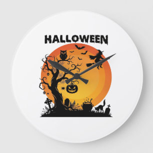 Reloj Redondo Grande Árbol espeluznante de Halloween Bruja voladora Lun