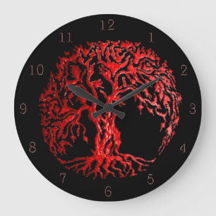 Reloj Redondo Grande Árbol Mehndi de la vida (Henna) (Rojo)