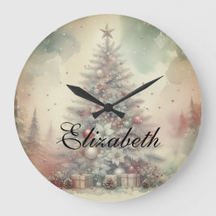 Reloj Redondo Grande Árbol y ornamentos navideños de color de agua vint