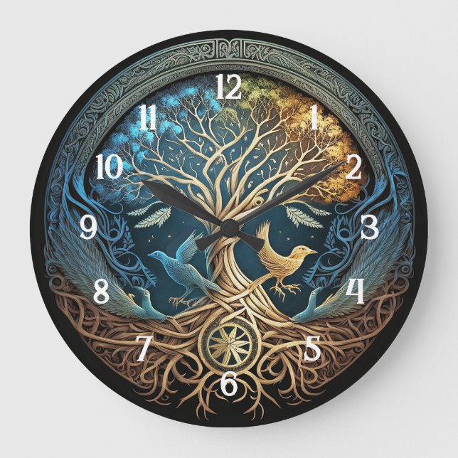 Reloj Redondo Grande Árbol Yggdrasil de vida (Anverso)