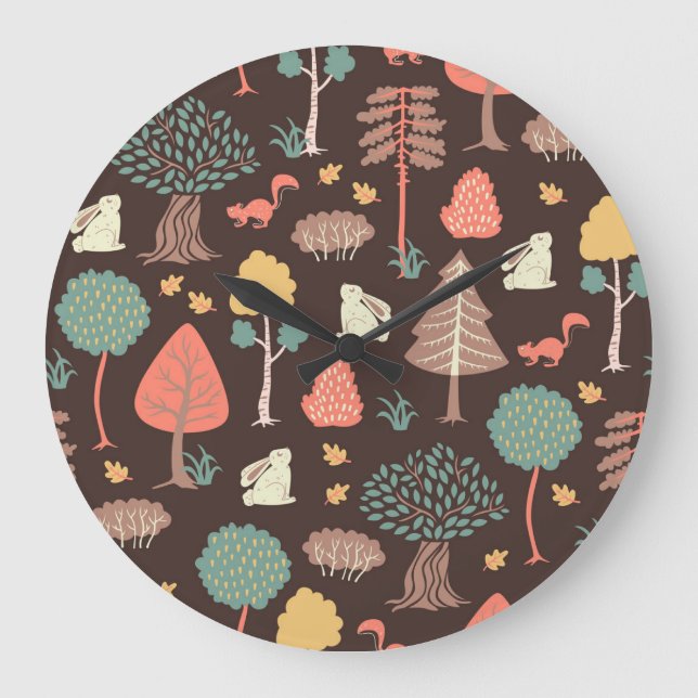 Reloj Redondo Grande Árboles Animales: Escena de la Naturaleza dibujada (Anverso)