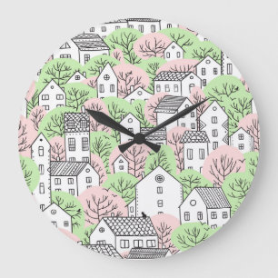 Reloj Redondo Grande Árboles, casas, paisaje de la ciudad primaveral