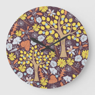 Reloj Redondo Grande Árboles de jardín, floral, patrón de manzana