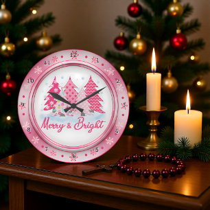 Reloj Redondo Grande Árboles de Navidad Rosados Diseño Redondo de Fiest