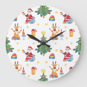 Reloj Redondo Grande Árboles de Navidad, Santa: patrón de acuarela.