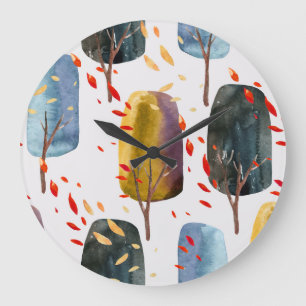 Reloj Redondo Grande Árboles de otoño: acuarela pintada a mano sin foco