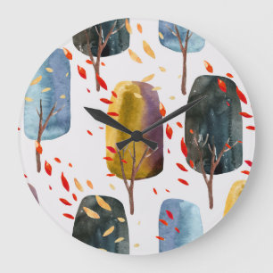 Reloj Redondo Grande Árboles de otoño: acuarela pintada a mano sin foco