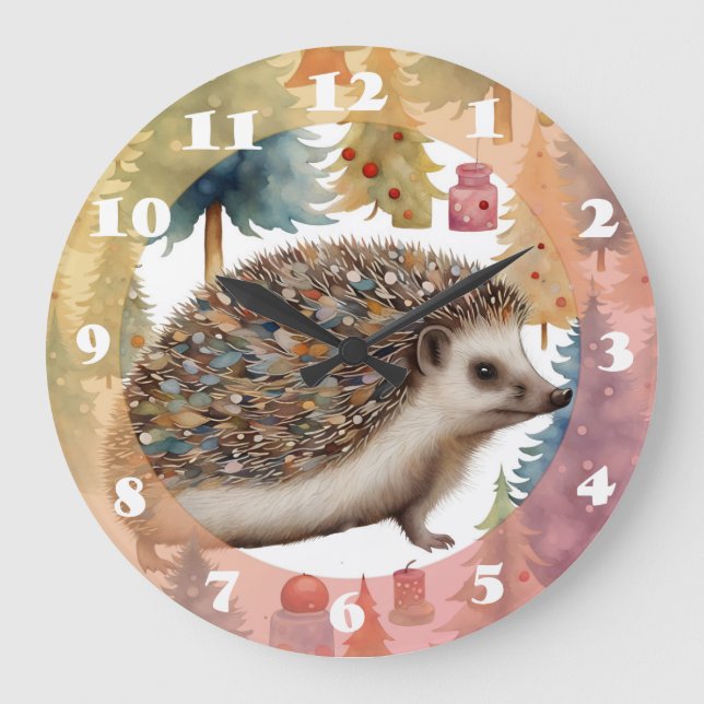 Reloj Redondo Grande Árboles de vacaciones Cute Hedgehog (Anverso)