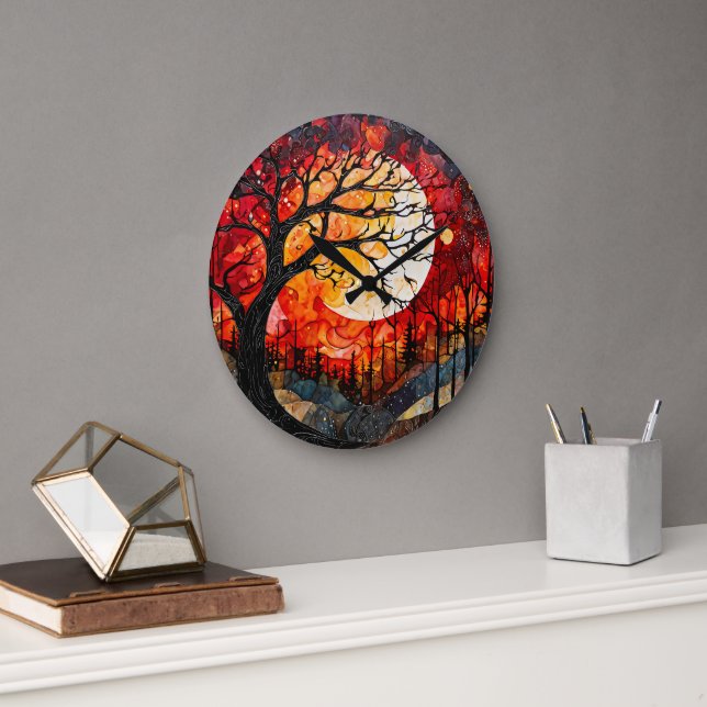 Reloj Redondo Grande Árboles forestales bajo la luna llena (Oficina)