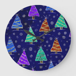 Reloj Redondo Grande Árboles navideños acuarelas: Patrón forestal.