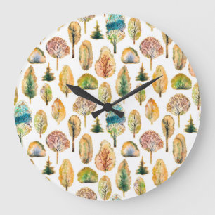 Reloj Redondo Grande Árboles otoñales de color agua, patrón sin costura