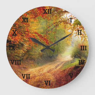 Reloj Redondo Grande Árboles otoño otoño otoño dejan bosque Naranja