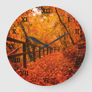 Reloj Redondo Grande Árboles otoño otoño otoño dejan bosque Naranja