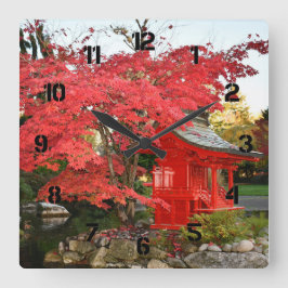 Reloj Redondo Grande Arce Japonés Rojo y Santuario de Jardín