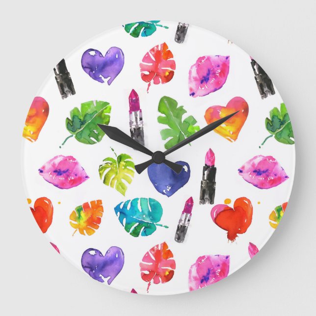 Reloj Redondo Grande Arcoiris acuarela hojas de palma panceta besar pal (Anverso)