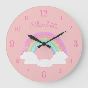 Reloj Redondo Grande Arcoíris con Brillo Pastel con Nombre Personalizad