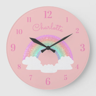 Reloj Redondo Grande Arcoiris Purpurina pastel con nombre personalizado