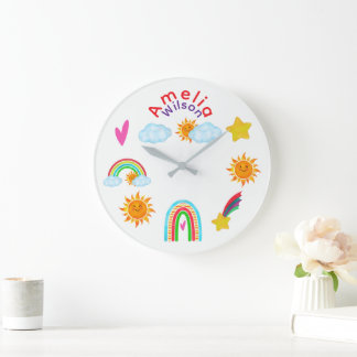 Reloj Redondo Grande Arcoíris Sol Estrella y Nubes están Felices Juntos
