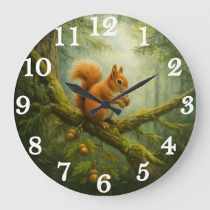 Reloj Redondo Grande Ardilla roja en bosque encantado