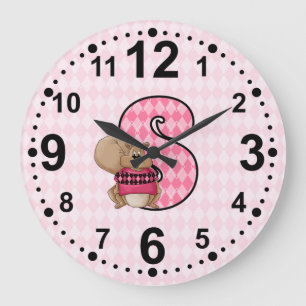 Reloj Redondo Grande Ardilla rosa y letra S Chicas con patrones de argl