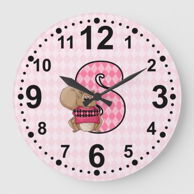 Reloj Redondo Grande Ardilla rosa y letra S Chicas con patrones de argl (Anverso)