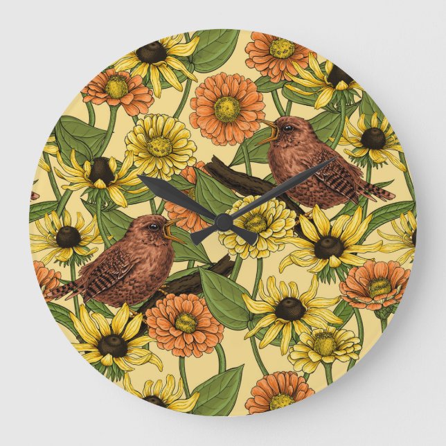 Reloj Redondo Grande Arenas y flores de amarillo pálido (Anverso)
