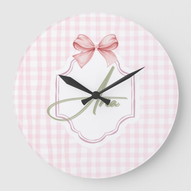 Reloj Redondo Grande Aria Baby Nursery Personalizado Bow&Gingham (Anverso)