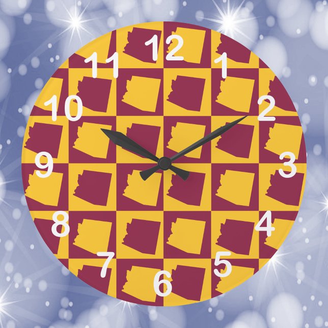 Reloj Redondo Grande Arizona Pop Art Maroon Gold White Numbers (A clock with a maroon and gold pattern of the US state of Arizona with white numbers.)