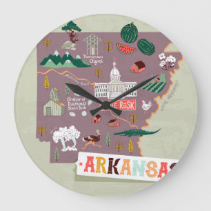Reloj Redondo Grande Arkansas Ilustrado: Mapa de viaje de EE. UU.