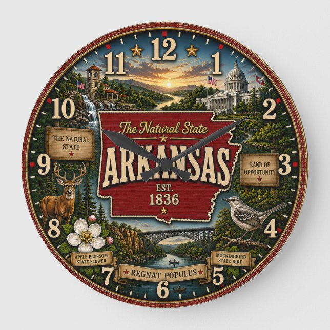 Reloj Redondo Grande Arkansas State Vintage Map (Anverso)