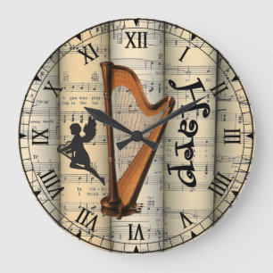 Reloj Redondo Grande Arpa ~ Hoja de Música Vintage Arrugada ~ Único ~