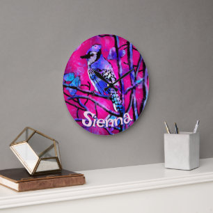 Reloj Redondo Grande Arrendajo Azul Rama de Árbol Personalizado Rosa 