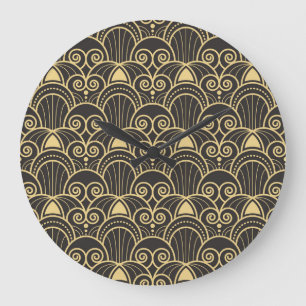Reloj Redondo Grande Art Deco: Baldosas Geométricas de Oro.