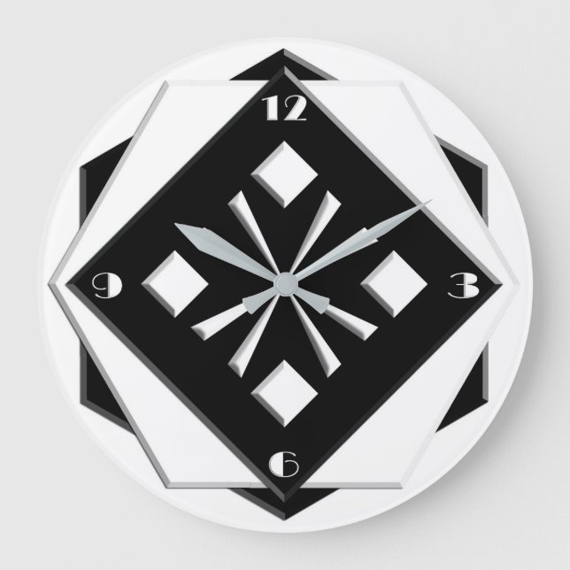 Reloj Redondo Grande Art Deco blanco sobre patrón geométrico negro (Anverso)