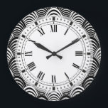 Reloj Redondo Grande Art Deco de color blanco y negro Frond Classic<br><div class="desc">Moda estilo años 1920 estilo Art Deco / Jazz Age patrón en blanco y negro.</div>