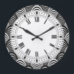 Reloj Redondo Grande Art Deco de color blanco y negro Frond Classic<br><div class="desc">Moda estilo años 1920 estilo Art Deco / Jazz Age patrón en blanco y negro.</div>