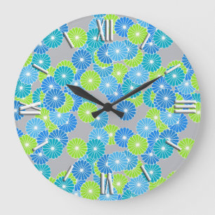 Reloj Redondo Grande Art Deco flower pattern - blue and lime green