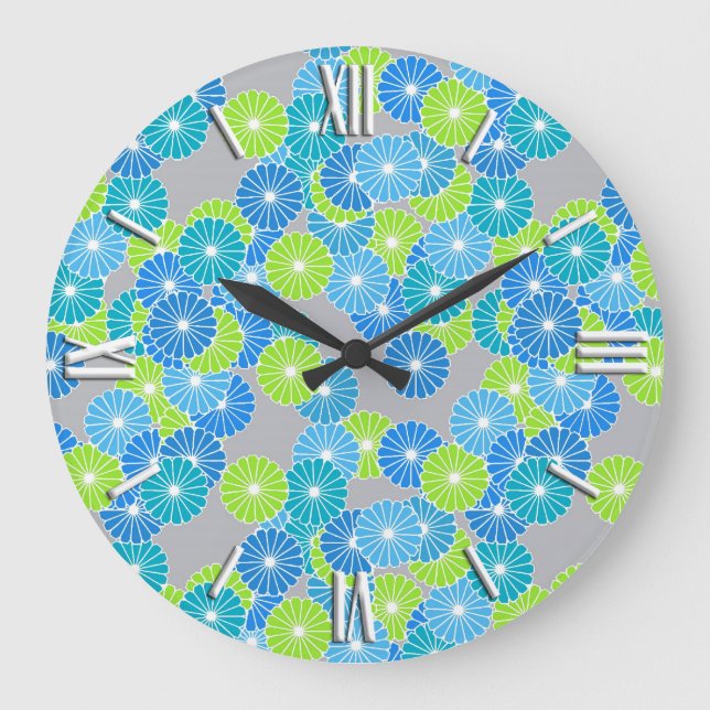 Reloj Redondo Grande Art Deco flower pattern - blue and lime green (Anverso)