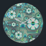 Reloj Redondo Grande Art deco flower pattern vintage floral geometric<br><div class="desc">Art deco floral vintage pattern with flowers and geometric metallic look 1920's design . In colors of turquoise,  green,  blue and white.</div>