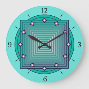 Reloj Redondo Grande Art déco geométrico, aguamarina y azules turques
