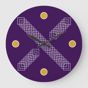 Reloj Redondo Grande Art Deco Geométrico de Púrpura Real y Dorado
