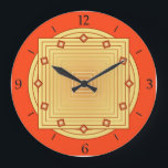 Reloj Redondo Grande Art Deco Geométrico, Mandarin Naranja y amarillo<br><div class="desc">Reloj en patrones geométricos solapados,  consistentes en rayas degradadas,  que van desde luz hasta amarillo dorado profundo,  sobre un fondo profundo de mandarina/naranja de mandarina,  con acentos en forma de diamante de 3 d a las horas.</div>