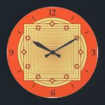 Reloj Redondo Grande Art Deco Geométrico, Mandarin Naranja y amarillo<br><div class="desc">Reloj en patrones geométricos solapados,  consistentes en rayas degradadas,  que van desde luz hasta amarillo dorado profundo,  sobre un fondo profundo de mandarina/naranja de mandarina,  con acentos en forma de diamante de 3 d a las horas.</div>