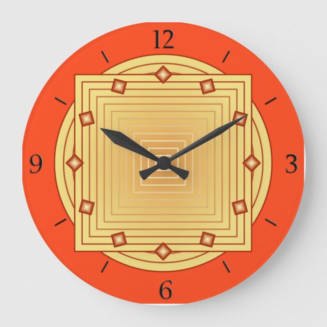 Reloj Redondo Grande Art Deco Geométrico, Mandarin Naranja y amarillo (Anverso)