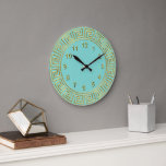 Reloj Redondo Grande Art Deco Gold Turquoise Greek Key Border Gold Mkrs<br><div class="desc">Art-Deco Gold Turquoise Greek Key Border,  Gold Markers Wall Clock  
 A classic art deco gold border on a turquoise background.  The numeral markers are also in gold.</div>