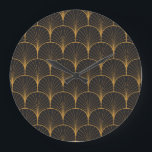Reloj Redondo Grande Art Deco, Patrón Geométrico Vintage.<br><div class="desc">Patrón Art Déco Vintage Sin Maravilla. Decoración geométrica con textura de círculos. Fondo retro. Los círculos art decó en un giro sin fisuras. Vigas retro en una decoración elegante. Patrón geométrico Art Déco con círculos. Un retro retro para un fondo elegante. deco, fondo, patrón, textura, ventilador, decoración, ilustracion, oro, sin...</div>