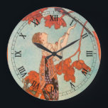 Reloj Redondo Grande Art Deco vintage, pájaro ligero de George Barbier<br><div class="desc">Imagen de arte deco de ilustracion vintage con una hermosa mujer de moda vestida con un vestido de flores floridas con su pájaro mascota con largas plumas de cola en un árbol. Una jaula vacía de la que el pájaro escapó está en el suelo al lado de la glamorosa dama....</div>