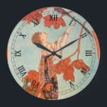 Reloj Redondo Grande Art Deco vintage, pájaro ligero de George Barbier<br><div class="desc">Imagen de arte deco de ilustracion vintage con una hermosa mujer de moda vestida con un vestido de flores floridas con su pájaro mascota con largas plumas de cola en un árbol. Una jaula vacía de la que el pájaro escapó está en el suelo al lado de la glamorosa dama....</div>