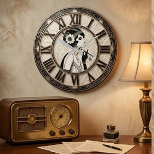 Reloj Redondo Grande Art Deco Woman Vintage Flapper Black White